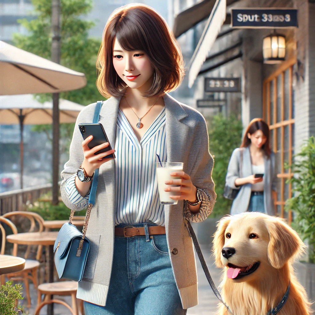 街中のカフェ前でスマートフォンを見ながらドリンクを手にする若い女性。リードをつけたゴールデンレトリバーが寄り添い、楽しそうに散歩している様子。